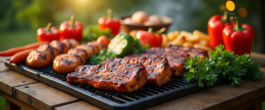 An inviting barbecue setup with an array of grilled vegetables and meats on a rustic wooden table, with a warm glow from evening light and sufficient copy space for overlay text.