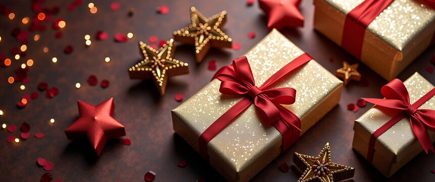 An elegant collection of new year gifts arranged on a stylish background, featuring ample copy space to convey thoughtful messages and sharing moments.