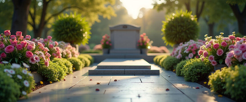 A scenic view of an elegantly arranged memorial area with flowers and a tombstone, presented with an inviting feel and clear copy space for messages of remembrance.