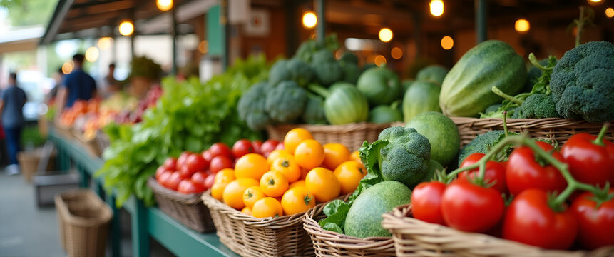 A scene depicting ethical sourcing with an emphasis on local markets and organic produce. Highlight vibrant colors and showcase ample copy space for promotional content.