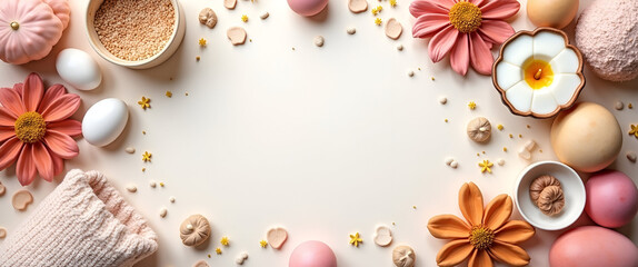 A beautifully arranged flat lay of self-care gratitude items, fostering appreciation and positivity; abstract composition with ample copy space for branding purposes.