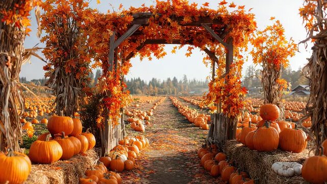 Vast Pumpkin Patch Entrance Archway Decorated with Autumn Fall Leaves and Corn Stalks with Rows of Pumpkins Stretching to the Horizon Under a Bright Sky