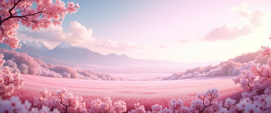 A stunning sakura wallpaper in HD, capturing a vast cherry blossom landscape under clear skies, allowing for customizable text or graphics in the foreground.