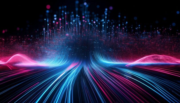 stunning digital data stream with vibrant blue and pink particles on black