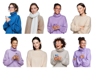 PNG Diverse women wearing cozy sweaters, element set on transparent background