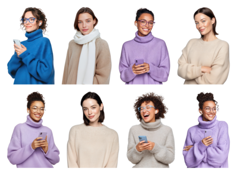 PNG Diverse women wearing cozy sweaters, element set on transparent background