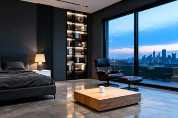 Dreamy modern bedroom with stunning city views, elegant lighting, and plush bedding perfect for relaxation and peaceful contemplation