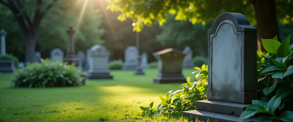 A tranquil cemetery setting featuring lush greenery surrounding a weathered tombstone set to the side, providing ample copy space for memorial inscriptions.