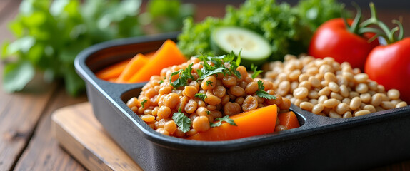 A visually appealing healthy lunch box featuring assorted grains and veggies, arranged with care to promote optimal nutrition and include ample copy space.