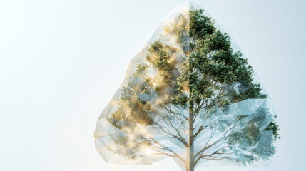 Tree growth in a futuristic polygonal digital style, palette of matte cream, pastel aqua, and soft emerald, modern abstract eco-tech design