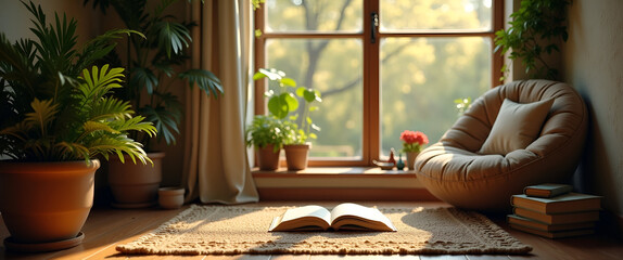 An inviting depiction of a self care comfort zone featuring a cozy reading nook, lush greenery, and ambient lighting, creating a warm atmosphere with ample copy space.