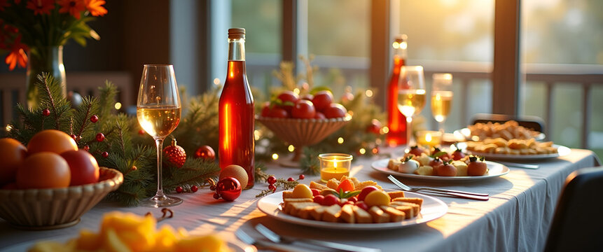 A minimalist New Year buffet table adorned with fresh appetizers, festive drinks, and vibrant decorations, ensuring ample copy space for promotional use.