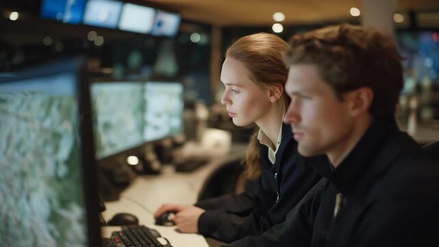 A futuristic firefighting coordination center synchronizes autonomous robots, aerial drones, and rescue vehicles, with AI optimizing their roles and paths to combat intense blazes and save trapped