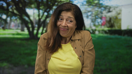 Fototapeta premium Middle aged hispanic woman in yellow shirt smiles softly revealing facial wrinkles in green forest; contentment.