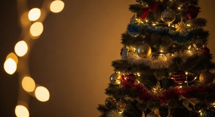 A festive Christmas tree illuminated with twinkling lights and ornaments, creating a warm, inviting atmosphere.