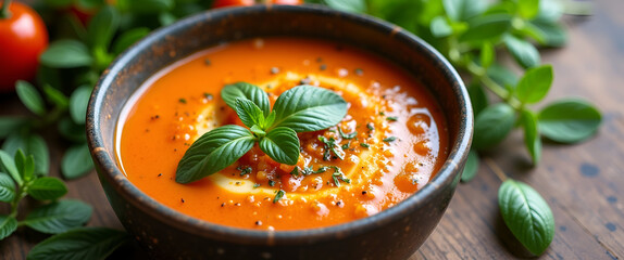 A vibrant bowl of vegan soup surrounded by fresh herbs, showcasing a harmonious blend of colors and textures, positioned with ample copy space for text overlay.