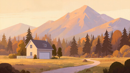 Cozy House at Sunset in Peaceful Mountain Valley
