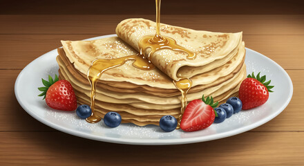 Stack of Thin Pancakes with Honey and Fresh Berries on Plate 
