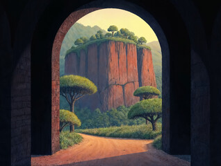 Fantasy Landscape Seen Through Ancient Stone Archway
