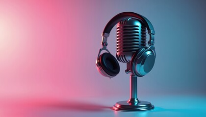 Retro microphone with headphones on gradient backdrop. Audio tech concept, music recording studio. Vocal equipment, listening accessory. Sound, radio podcast broadcast tech. Artistic studio vibe with