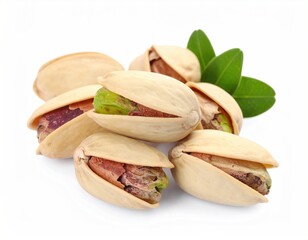 Pistachios with Green Leaves on White Background