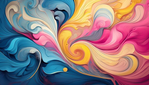 abstract art featuring swirling patterns of pink blue yellow and gray colors mixed