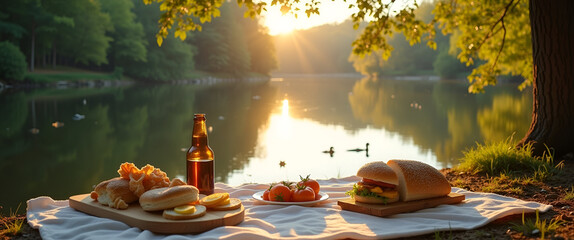 A serene picnic by a river, displaying soft reflections of trees on water, ideal for soothing aesthetics and featuring ample copy space in the composition.