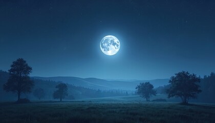 Peaceful night landscape with full moon shining over green field, trees. Rolling hills in background under clear starry sky. Calm serene atmosphere in rural countryside. Moonlight illuminates scene.
