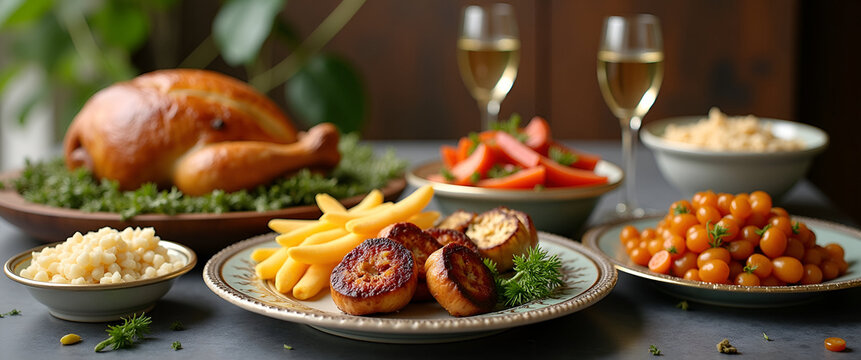 An exquisite Passover stock photo capturing the essence of celebration with beautifully presented dishes and clear space for text overlay, suitable for advertising.