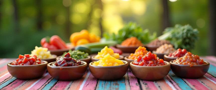 An enticing arrangement of various barbecue sauces displayed in bowls on a vibrant picnic table, with a lovely blurred background for optimal copy space usage.