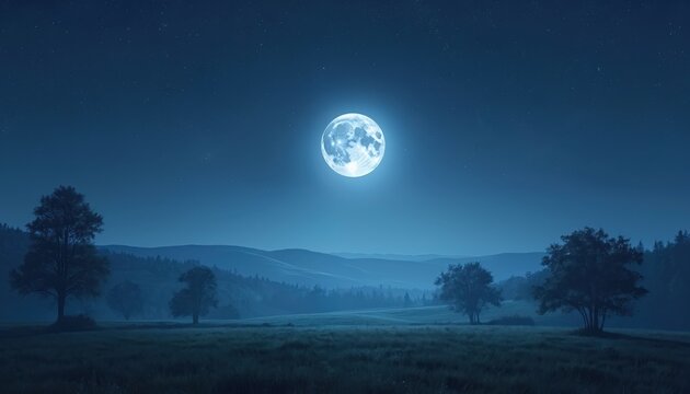Peaceful night landscape with full moon shining over green field, trees. Rolling hills in background under clear starry sky. Calm serene atmosphere in rural countryside. Moonlight illuminates scene. - Powered by Adobe