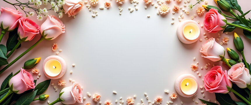 An impactful remembrance event showcasing ritual elements like floral tributes and candles arranged artistically, ensuring a clean background for copying space.