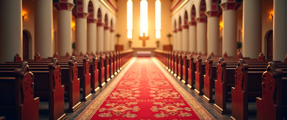 A vibrant depiction of a Holy Week celebration with traditional elements, showcasing a church backdrop and leading lines to guide the eye toward the altar, with copy space.