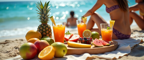 An engaging creative concept of people enjoying a beach picnic, featuring an array of tropical fruits and drinks, with a focus on vivid colors and dynamic composition.