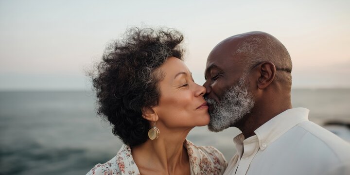Elderly couple sharing a tender moment by the sea at sunset