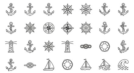 Obraz premium A hand-drawn collection of black and white nautical icons in a sketchy doodle style, featuring anchors, ship wheels, and sailboats.