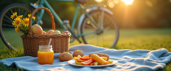A cozy outdoor picnic arrangement featuring a blanket, simple snacks, and a bicycle, emphasizing a slow living lifestyle while providing ample copy space.
