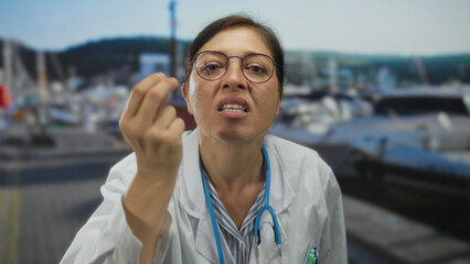 Woman doctor in white coat with stethoscope points finger on street with grimacing face; insistence...