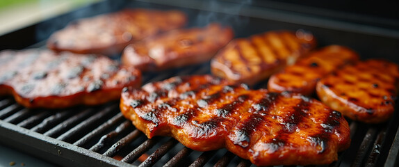 A mouthwatering display of grilled meats at a weekend BBQ party is captured with vibrant colors and inviting composition, leaving room for text placement.