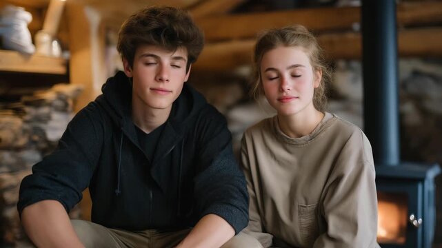 A young couple sitting near a wood-burning stove in a rustic cabin, highlighting sustainable heating, off-grid living, and eco-friendly energy sources. cinematic color correction, natural uneven