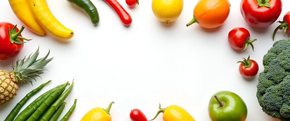 A visually balanced arrangement of fresh fruits and vegetables on a white background, designed with ample copy space for nutritional content, emphasizing healthy eating choices.