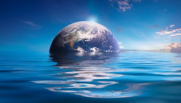 dreamy planet reflecting on ocean waves under blue sky evokes peace and wonder