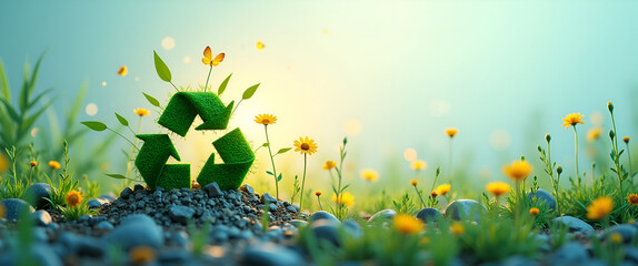 A dynamic image showcasing sustainability strategy through innovative recycling techniques, created with leading lines and colorful elements, ensuring ample copy space for text.