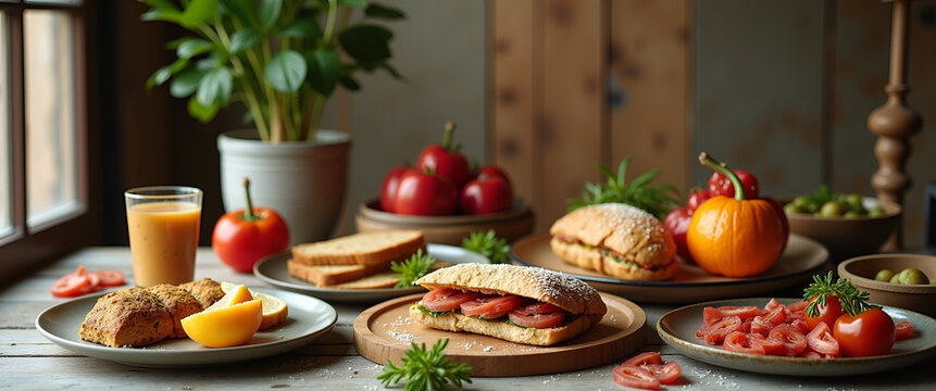 A sophisticated gourmet food delivery display featuring artisanal items artfully arranged on a stylish table, large copy space for ad use.