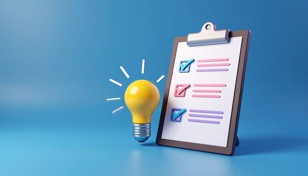 Colorful checklist on clipboard with checkmarks, light bulb ideas. Planning, tasks on blue background. Business concept for efficiency, organization, productivity. Creative inspiration for project - Powered by Adobe