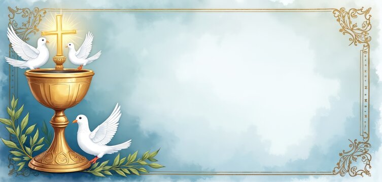 Golden chalice with cross and doves. Religious symbol for baptism, communion, confirmation, christening. Blank space for text invitation or greeting card. - Powered by Adobe