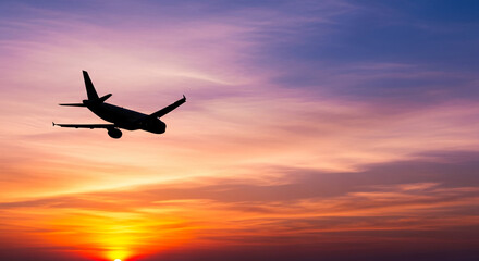Silhouette of a plane taking off against a vibrant sunset sky with orange, purple, and blue hues, representing travel, adventure, and escape