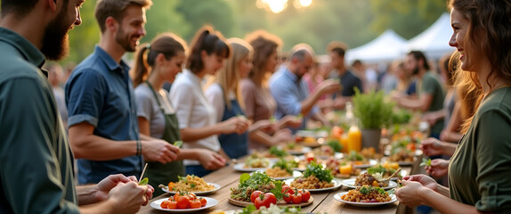 A lively vegan community event captured through groups of people sharing dishes and stories at a vibrant food festival, with ample negative space for promotional content.