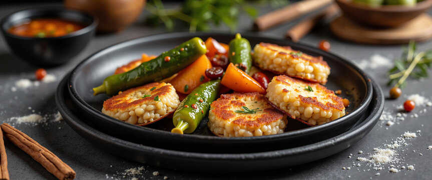 Colorful Kwanzaa food feast featuring grilled vegetables and patties  