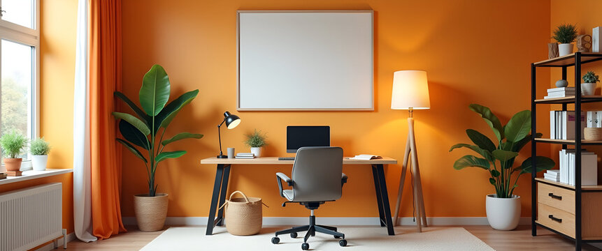 An inviting home office setup featuring warm colors and ergonomic furniture, carefully arranged with copy space designed for branded visual content or inspirational quotes. - Powered by Adobe